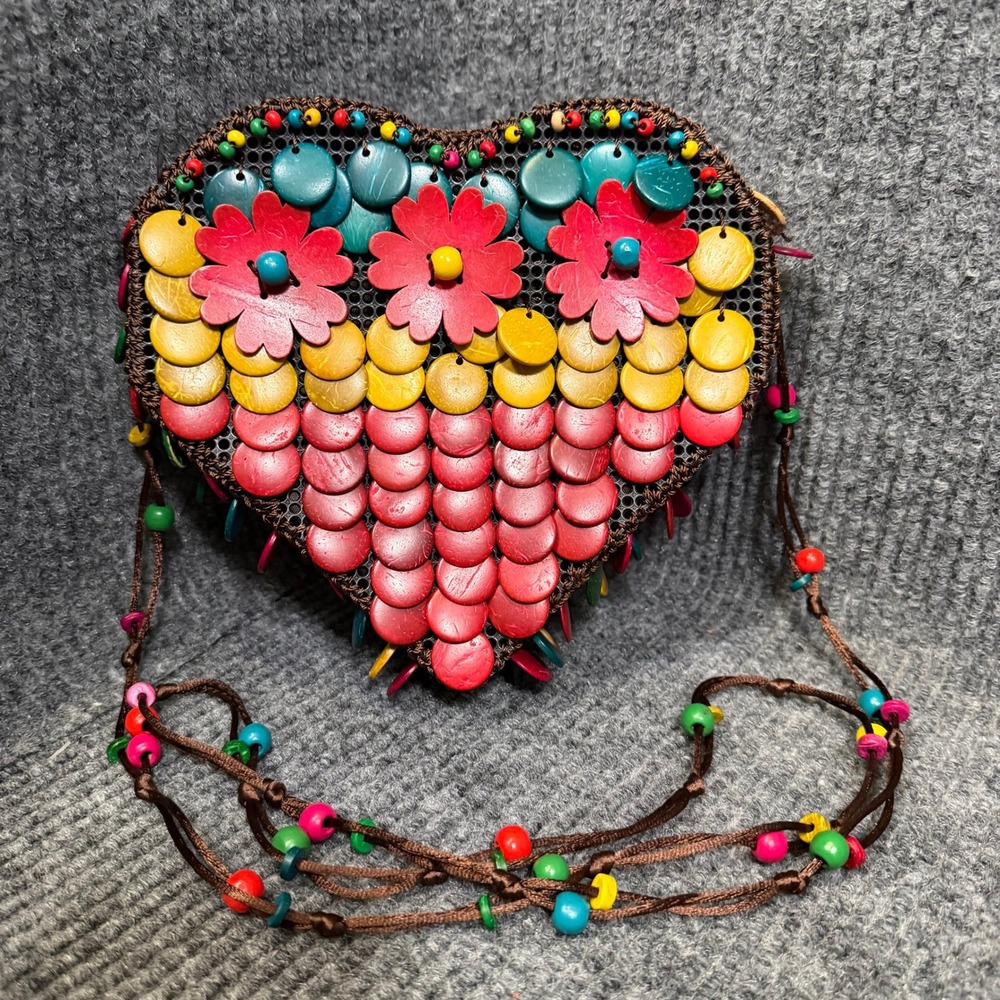 Heart Shaped Wood Beaded Crossbody Bag Rainbow Floral Boho Festival Y2K Purse